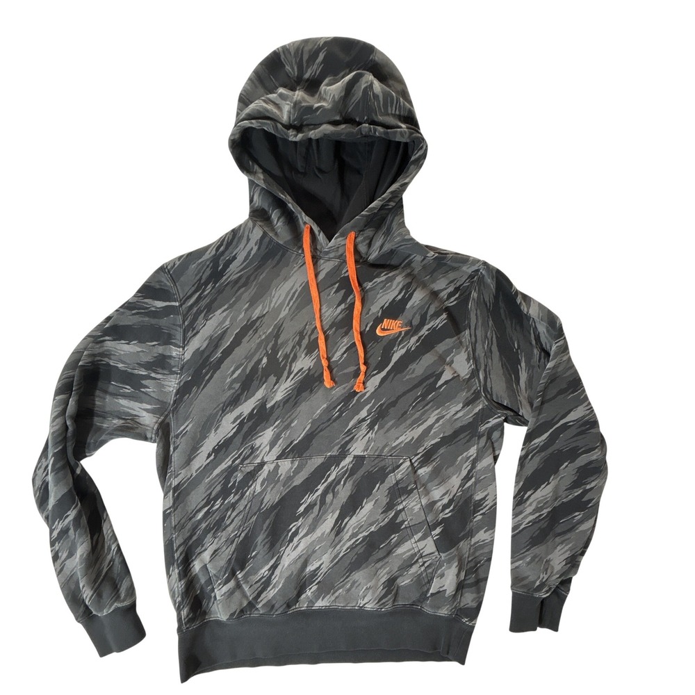 Nikeβ Mens Grey Tiger Stripe Camo Fleece Hoodie Orange Logo Small